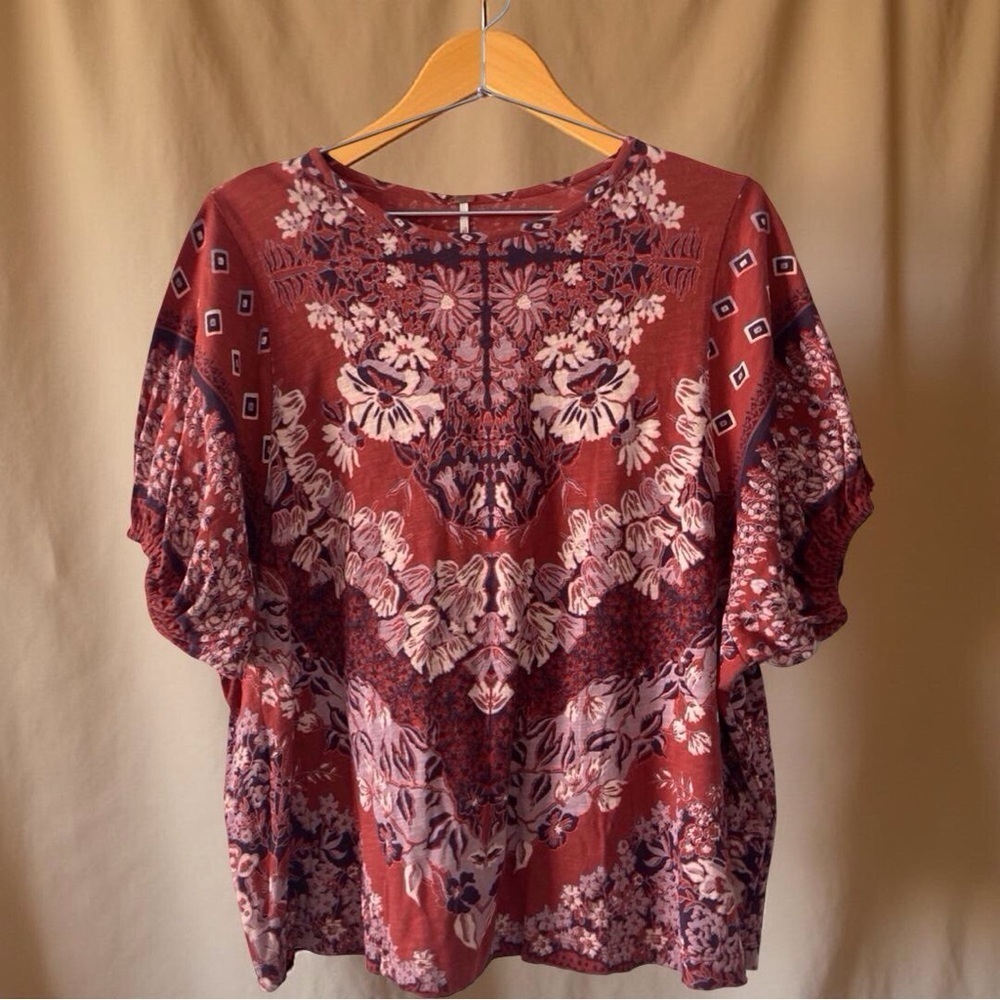 Free People Boho Floral Puffed Sleeve Top Red XS - EUC